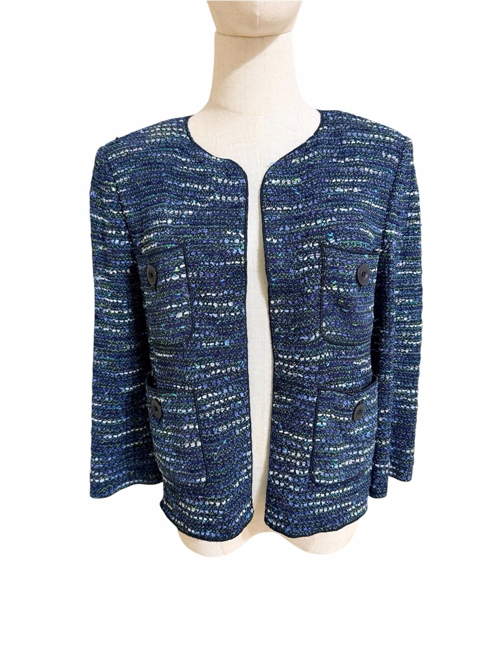 St. John Tweed Open-Front Knit Jacket Classic Navy Blue Women’s Size 10